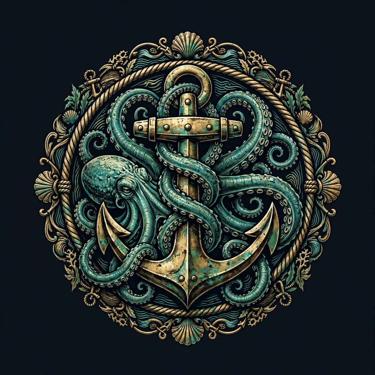 Kraken and anchor naval guild emblem, teal/brass