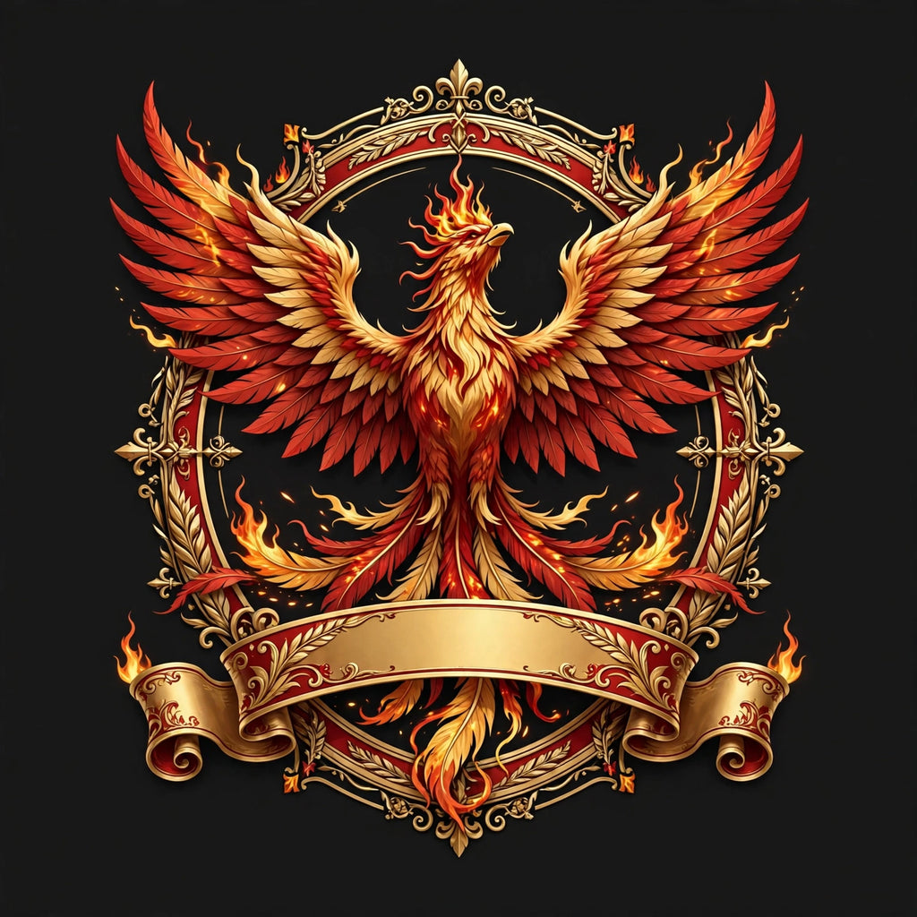 Phoenix rising banner emblem, red/gold