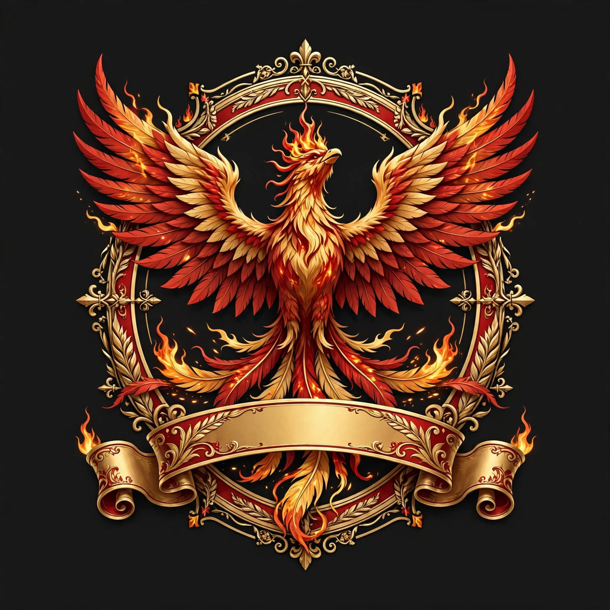 Phoenix rising banner emblem, red/gold