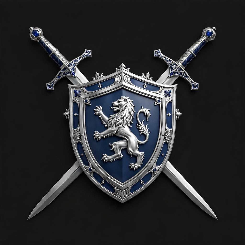 Shield and crossed-swords crest, silver/blue