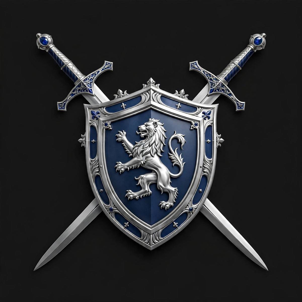 Shield and crossed-swords crest, silver/blue