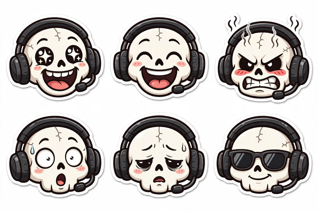 Skull gamer emote sheet, headset on (6 expressions)