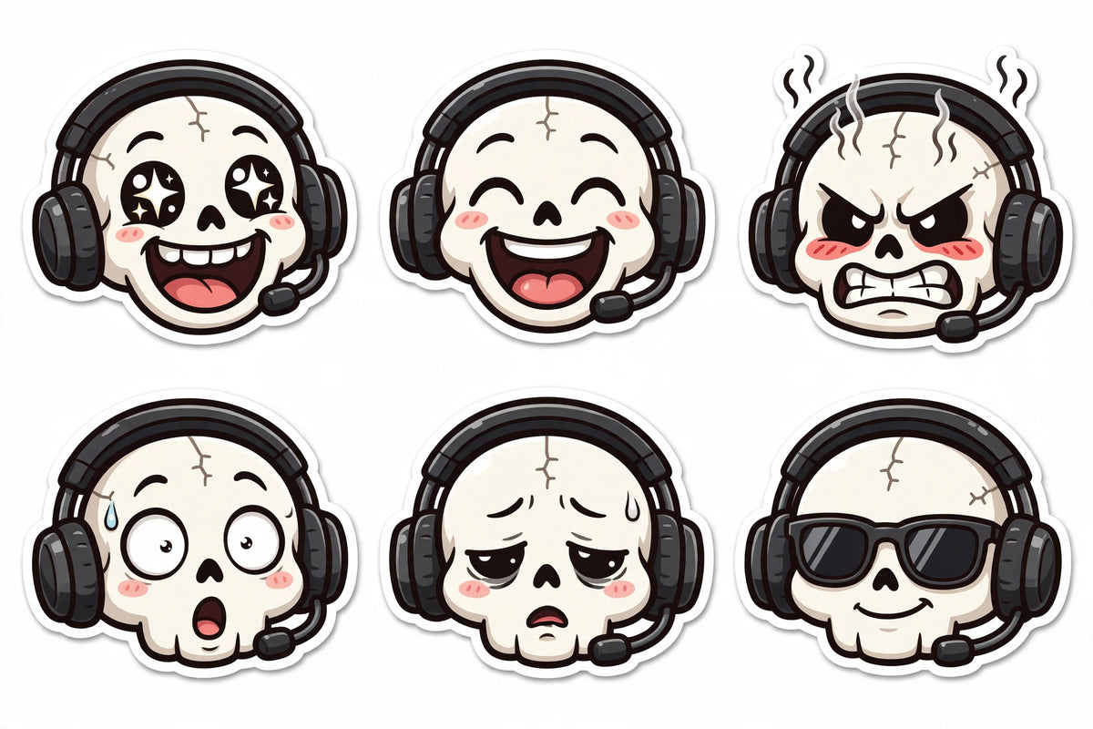Skull gamer emote sheet, headset on (6 expressions)