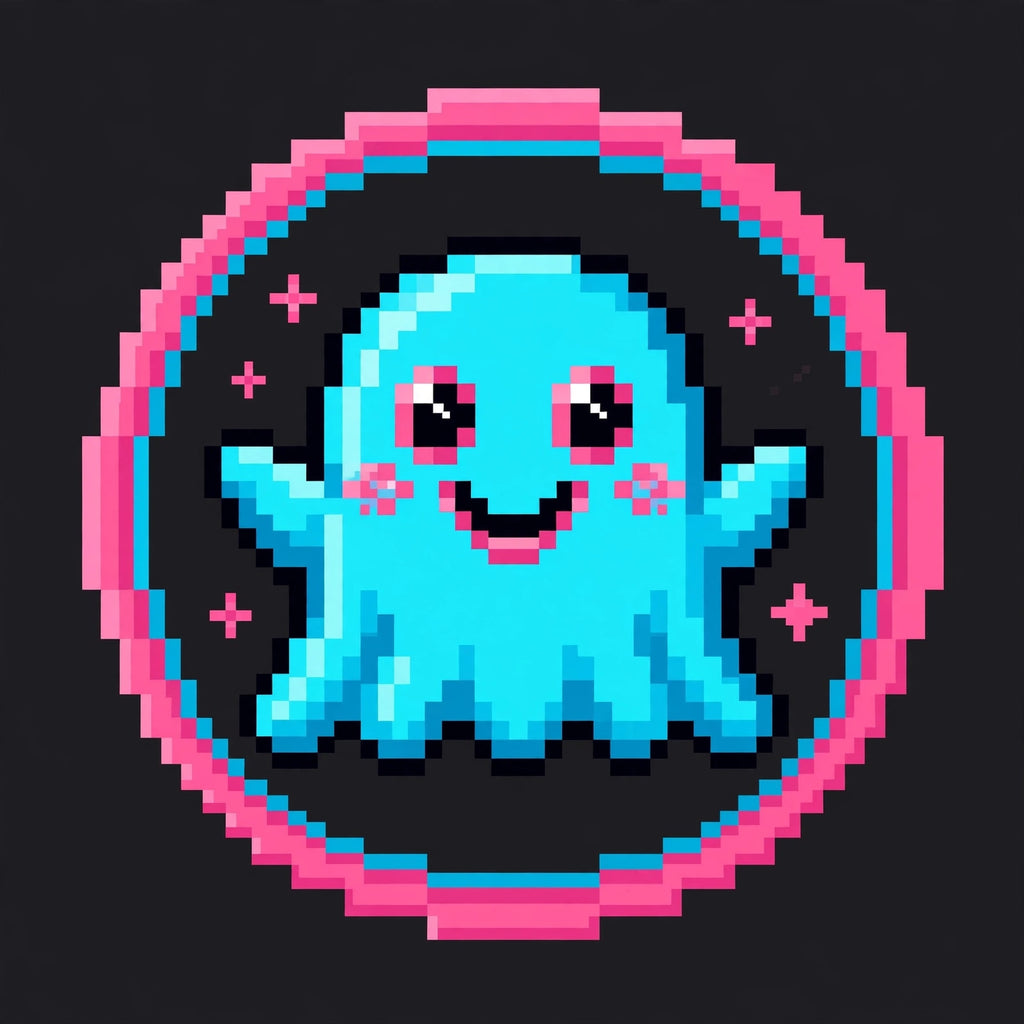 Retro arcade ghost mascot logo, pixel style