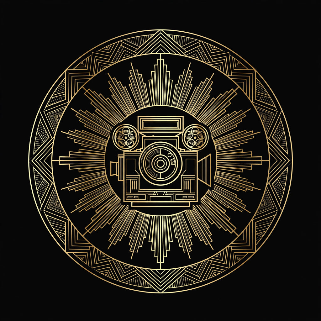 Art-deco production company logo, gold on black