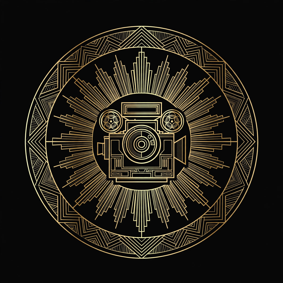 Art-deco production company logo, gold on black