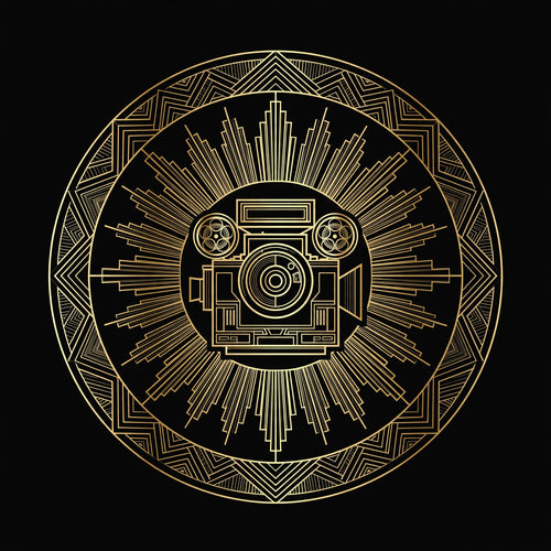 Art-deco production company logo, gold on black
