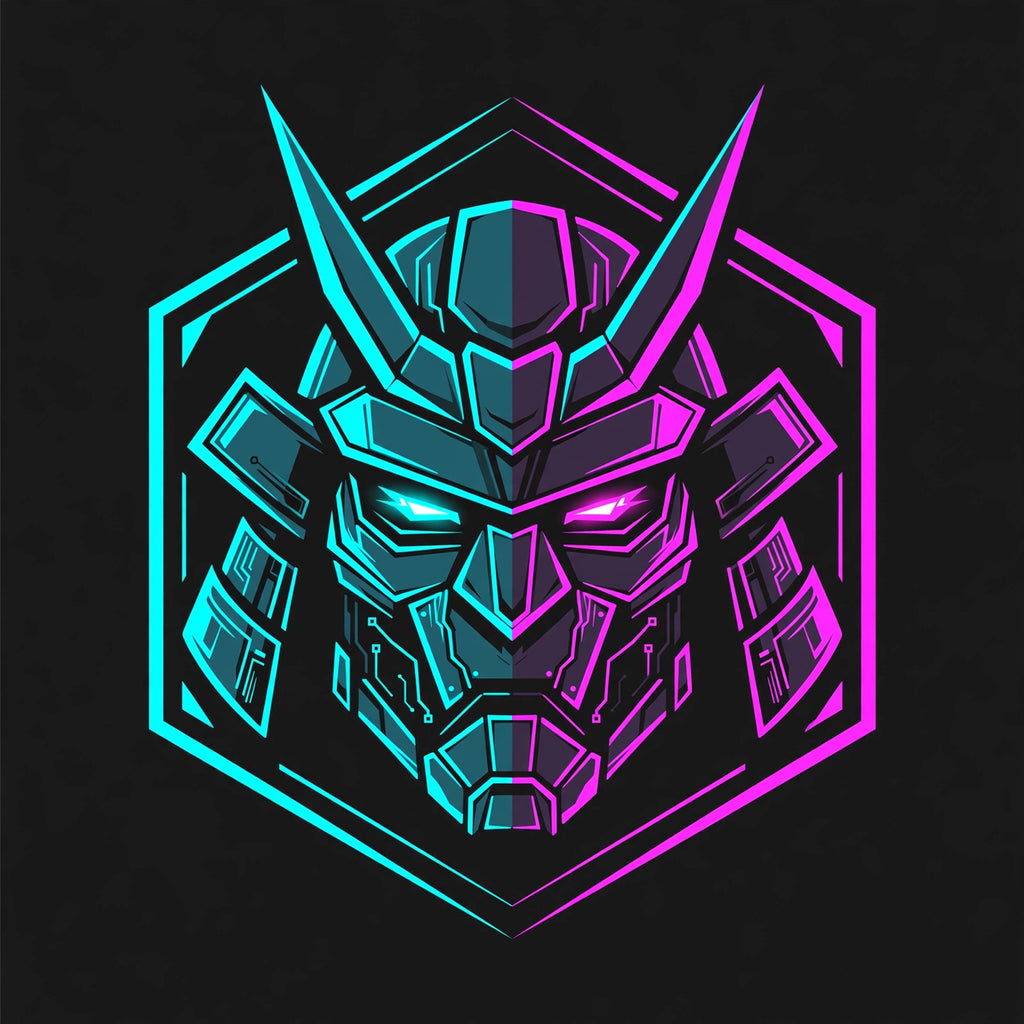 Cyber samurai mask logo, neon