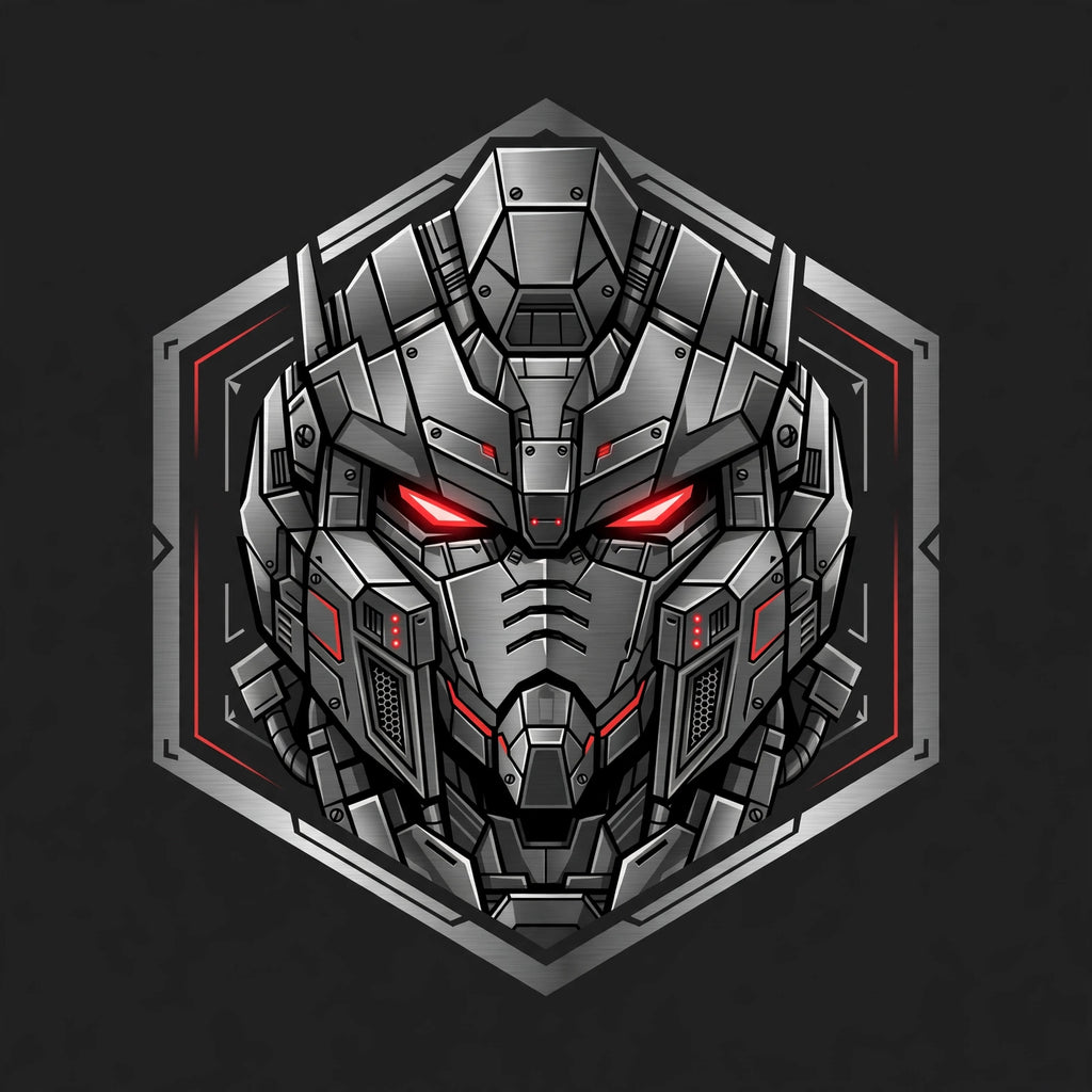 Mech robot head logo, gunmetal/red