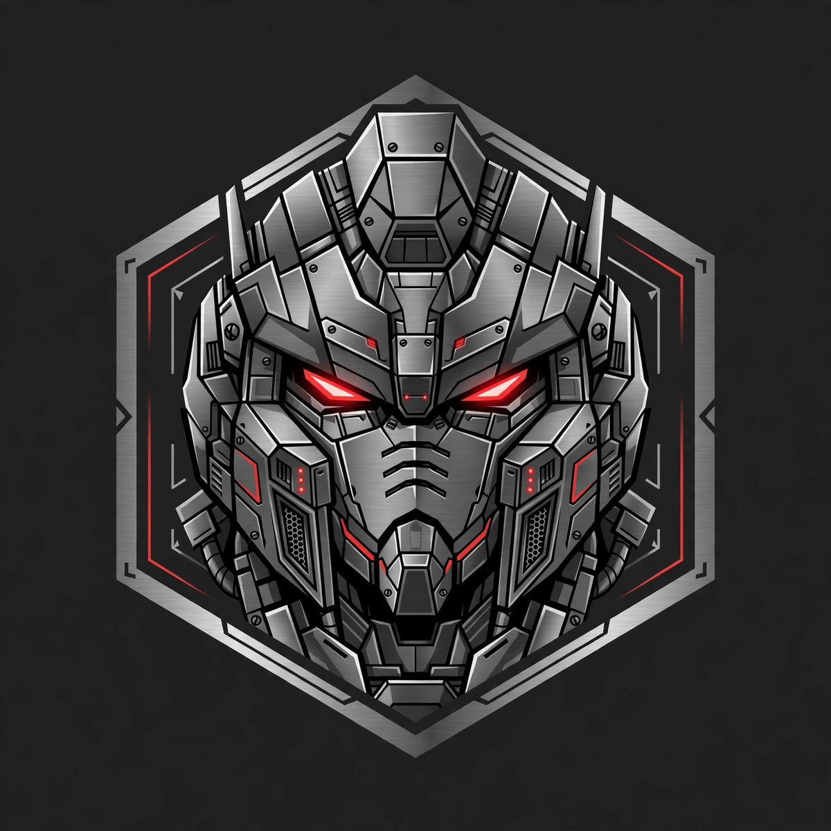 Mech robot head logo, gunmetal/red
