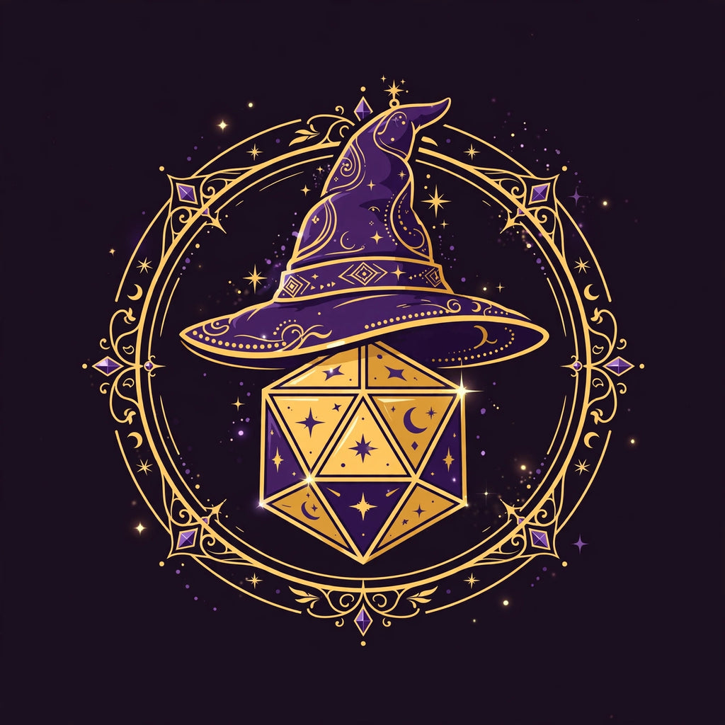 Wizard hat + d20 dice RPG logo, purple/gold
