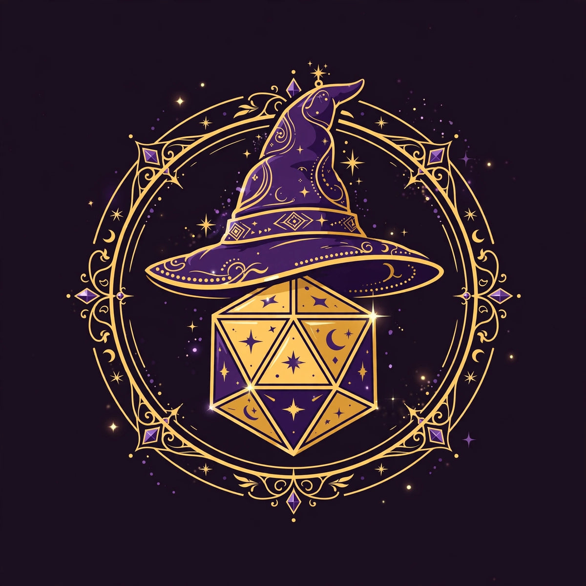 Wizard hat + d20 dice RPG logo, purple/gold