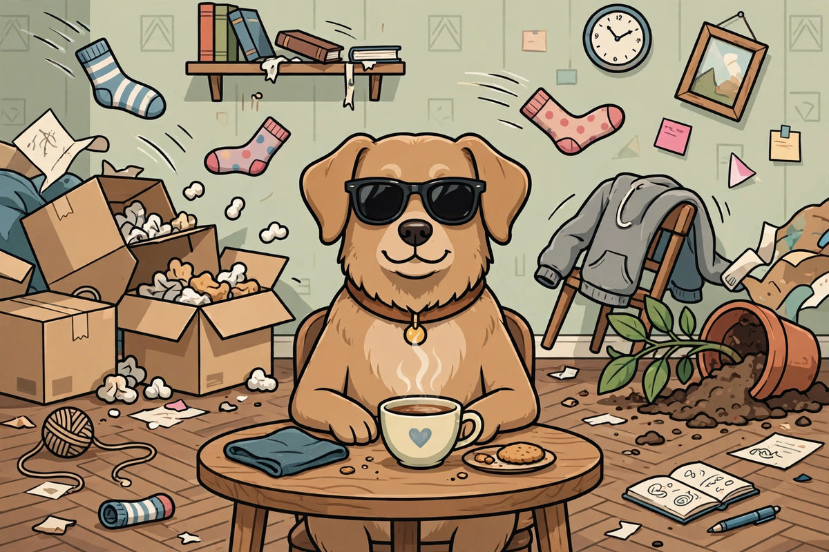 Dog in sunglasses sitting calmly in a messy room (original)