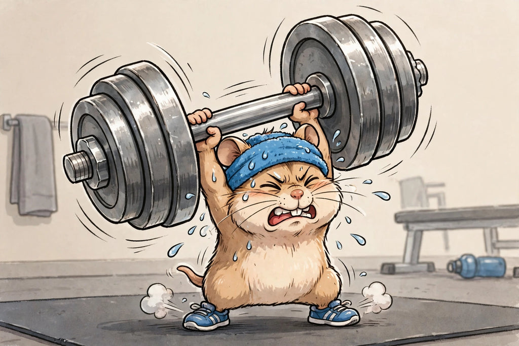 Gym bro hamster lifting an oversized dumbbell