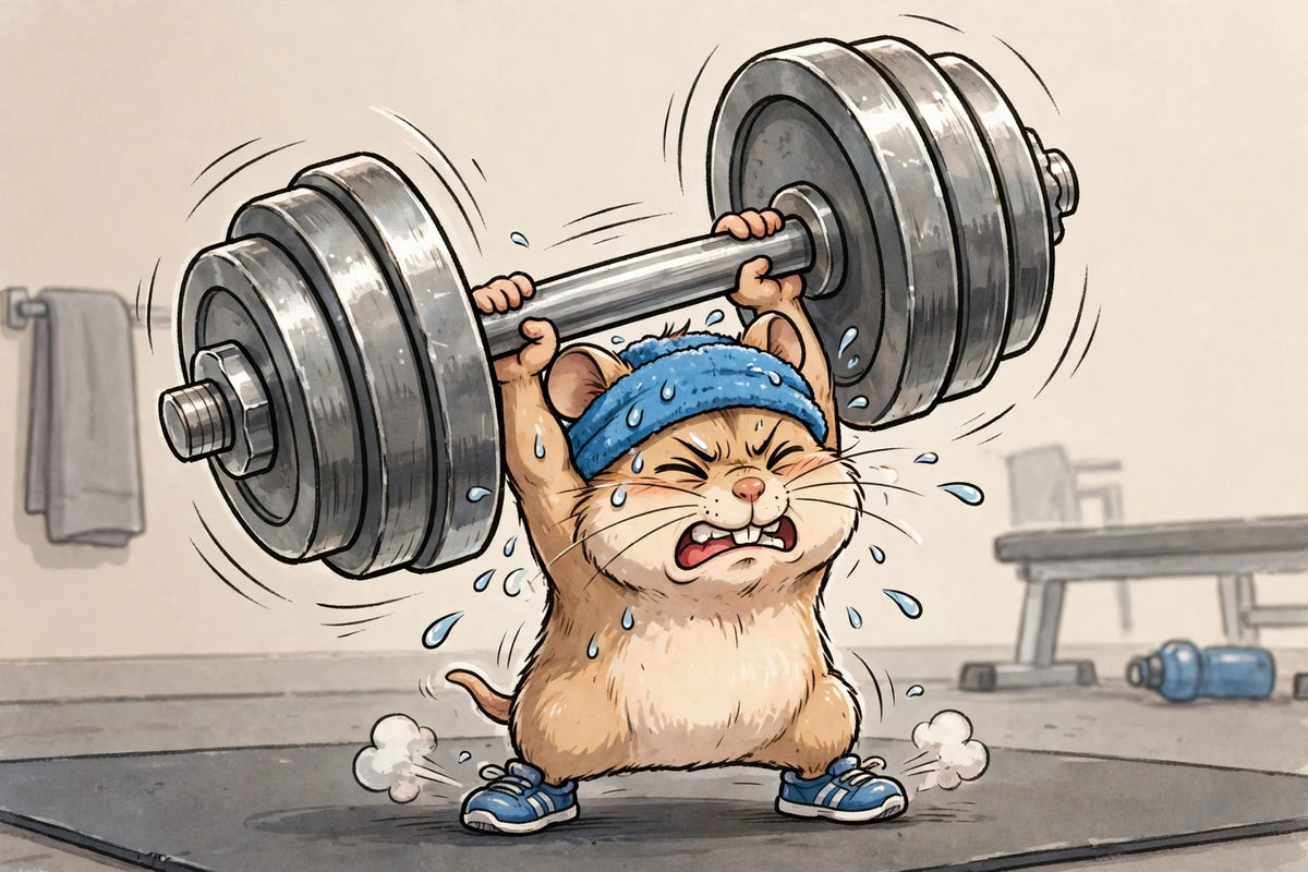 Gym bro hamster lifting an oversized dumbbell