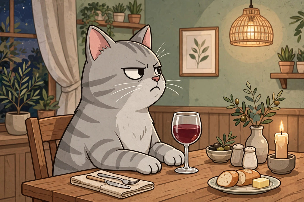 Judgmental cat at a dinner table (original composition)