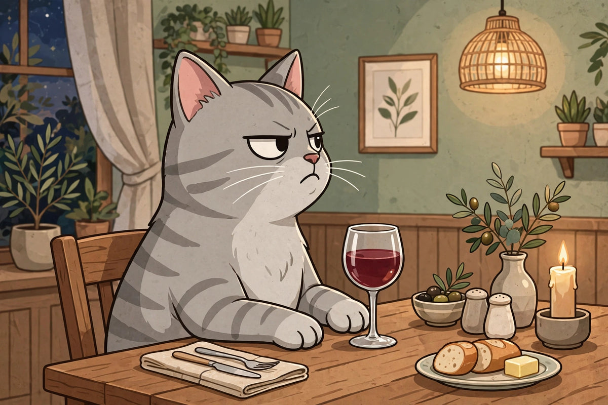 Judgmental cat at a dinner table (original composition)