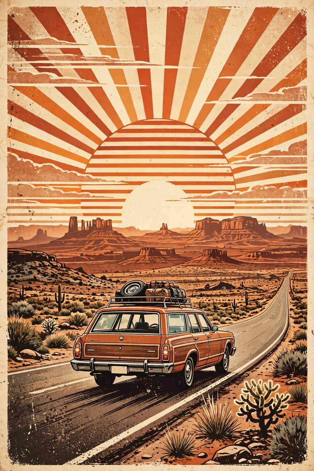 70s desert road-trip sunset poster