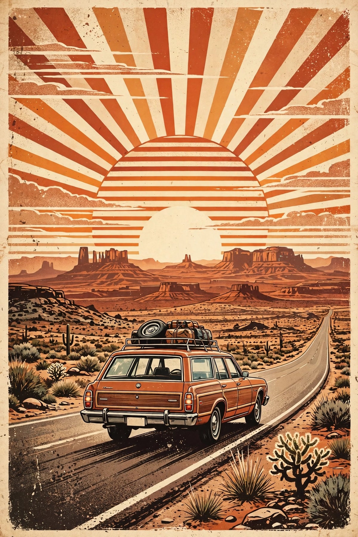 70s desert road-trip sunset poster