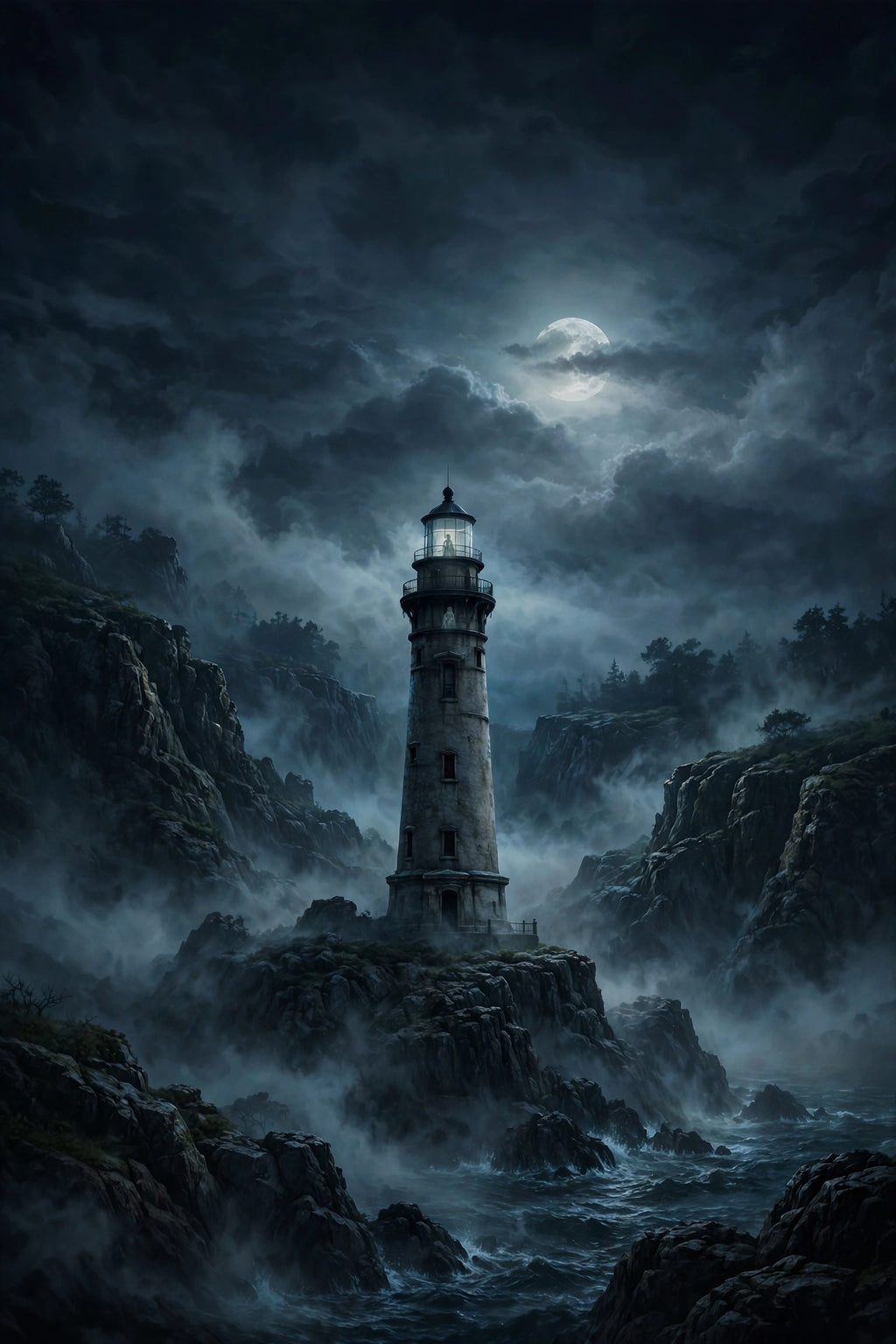 Haunted lighthouse horror poster, ghost-story mood