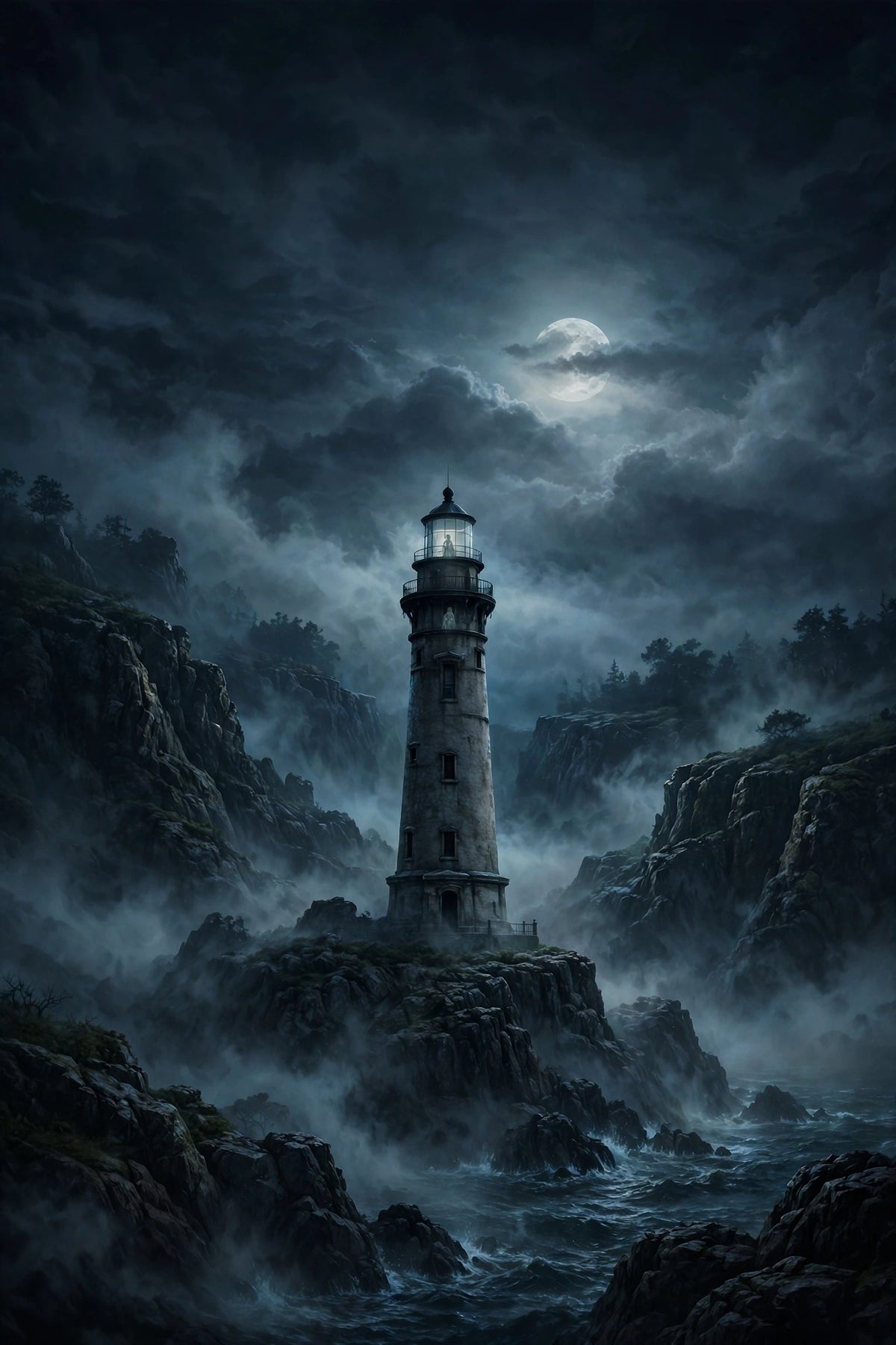 Haunted lighthouse horror poster, ghost-story mood