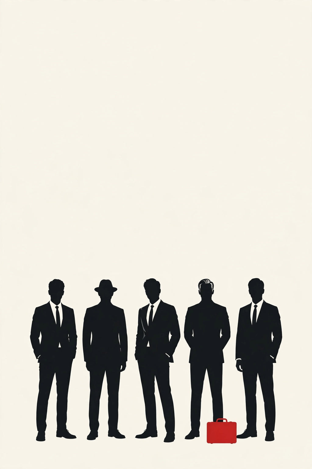 Heist crew silhouettes poster, minimal, one red accent