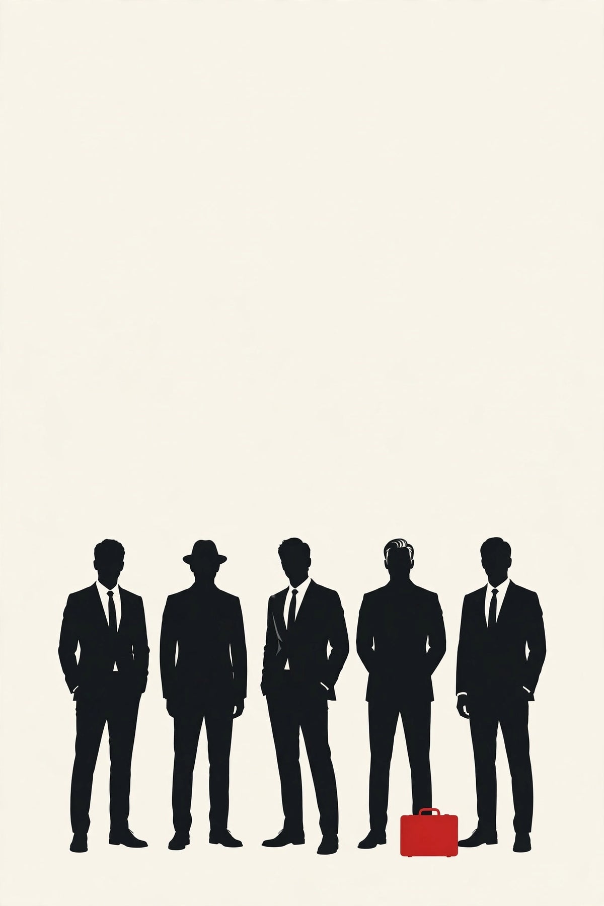 Heist crew silhouettes poster, minimal, one red accent