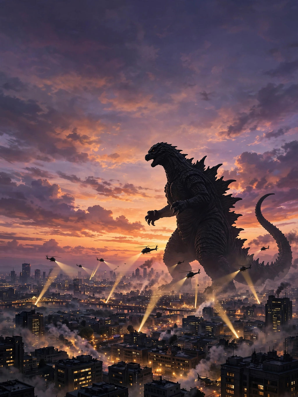 Kaiju towering over a city at dusk