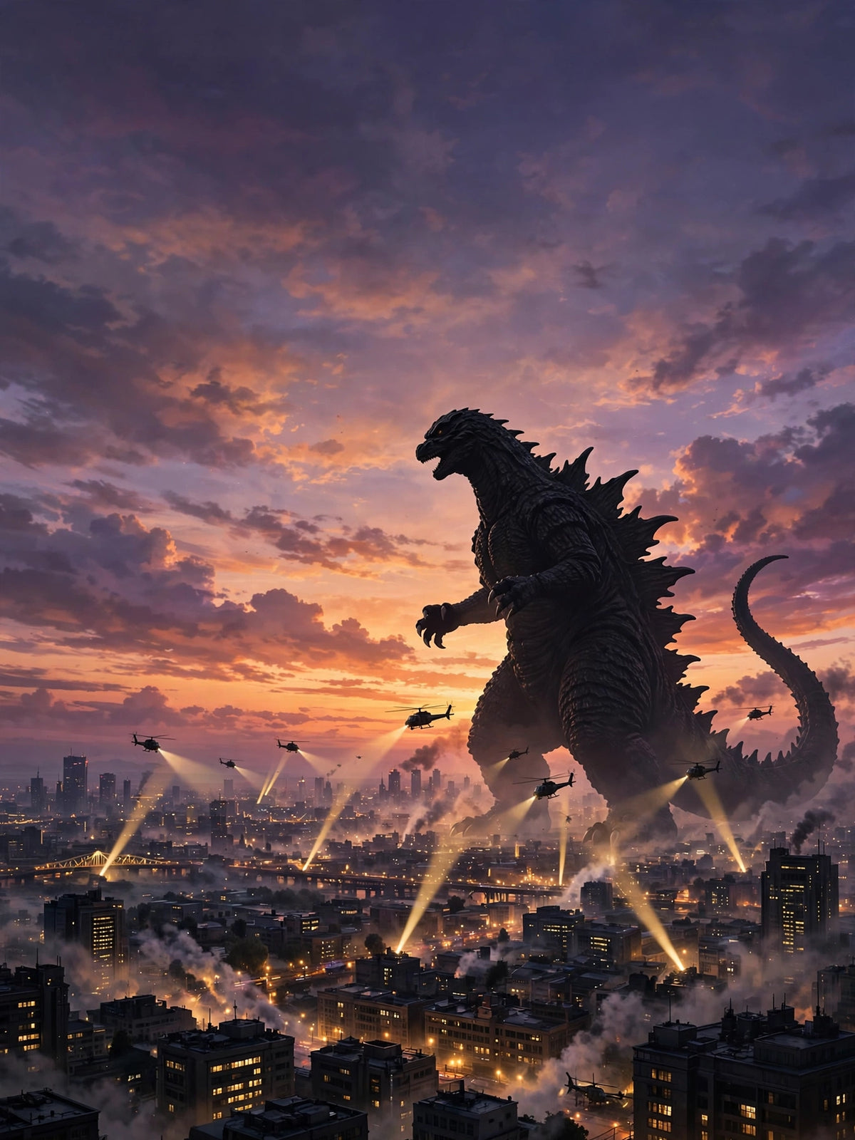 Kaiju towering over a city at dusk
