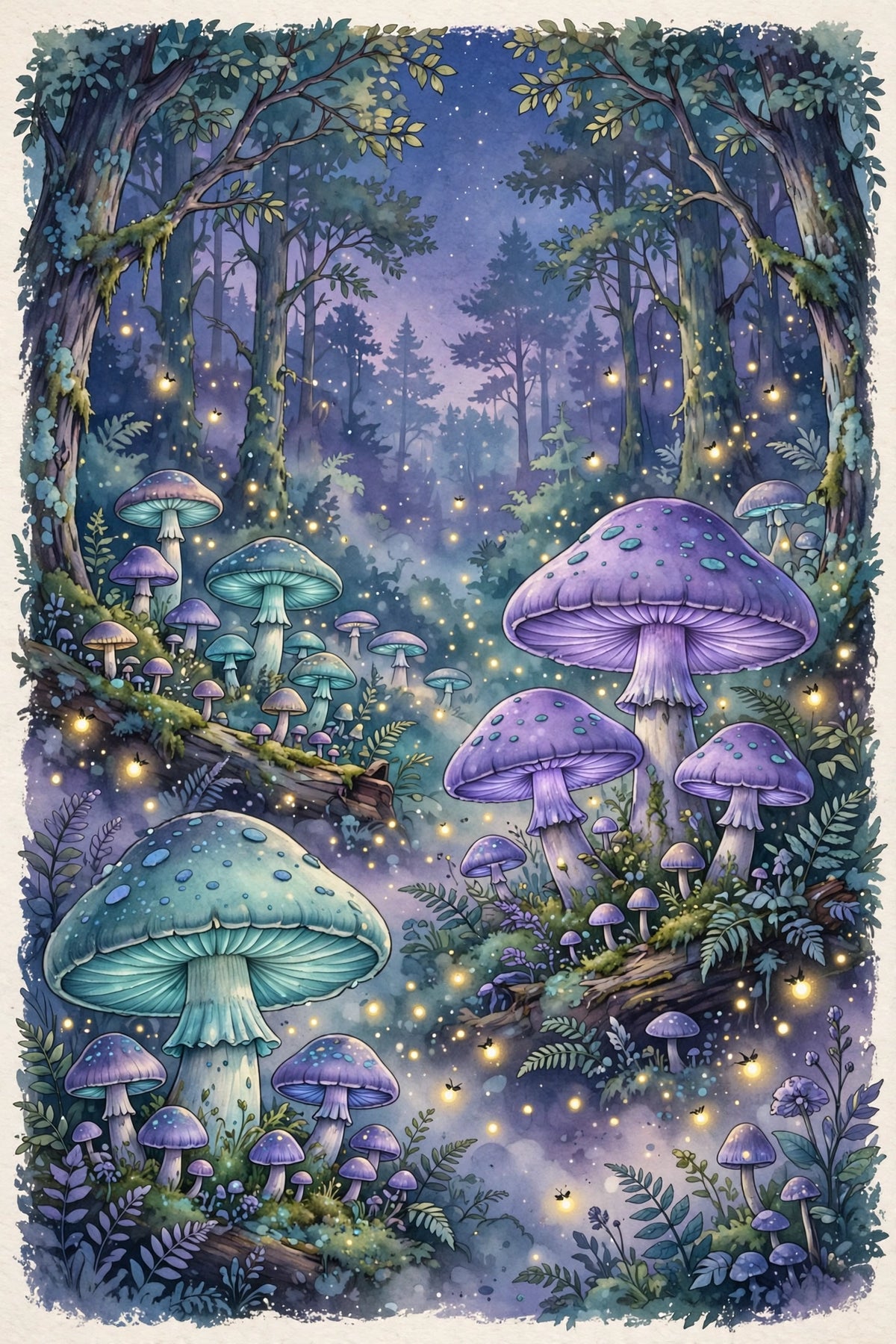 Mushroom forest at twilight, whimsical