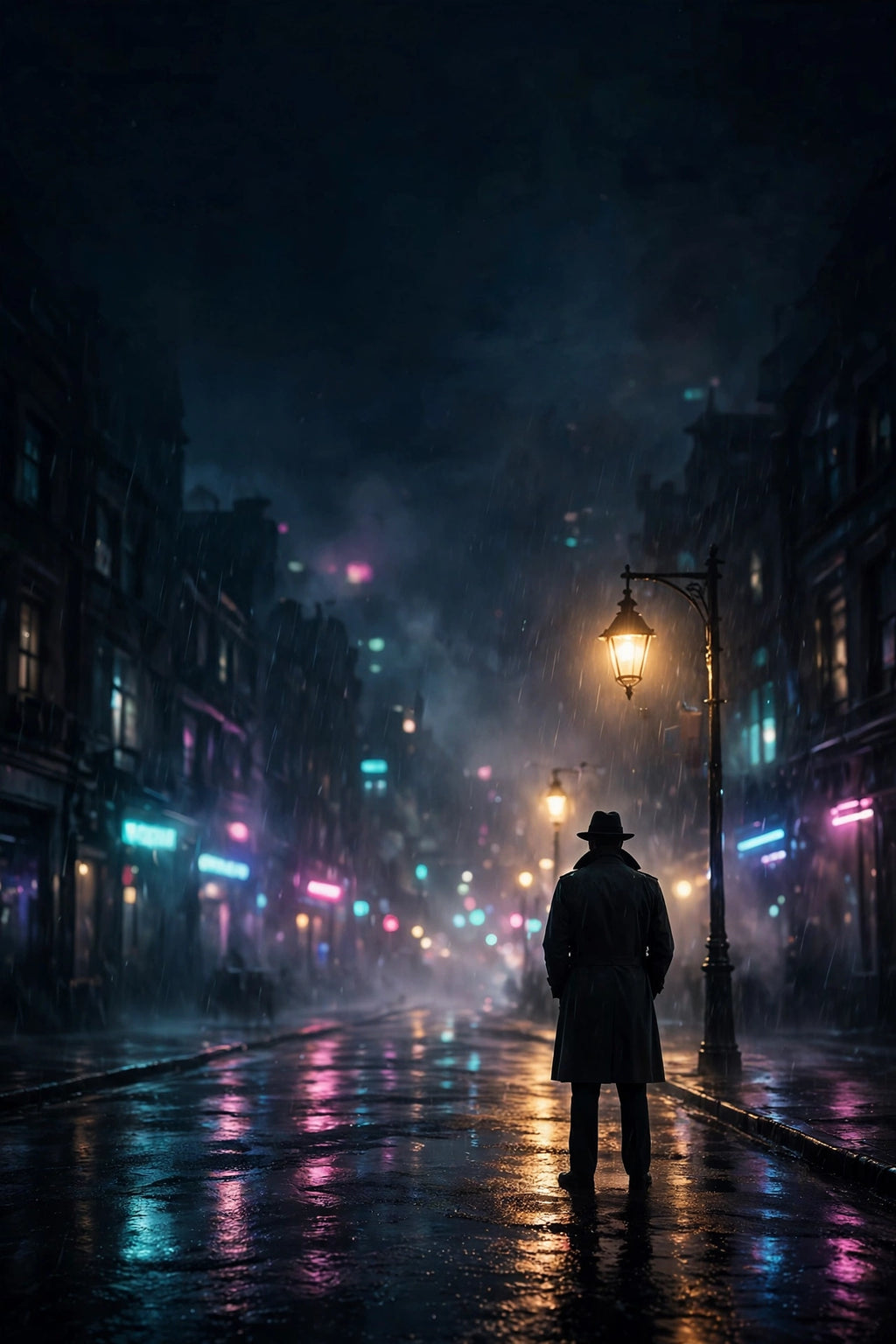 Neo-noir detective poster, rain and neon