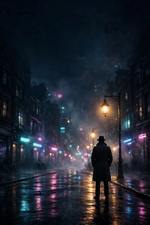 Neo-noir detective poster, rain and neon