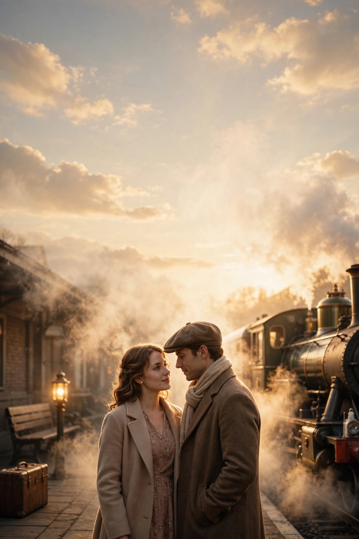 Romantic drama poster, couple on a train platform, golden hour