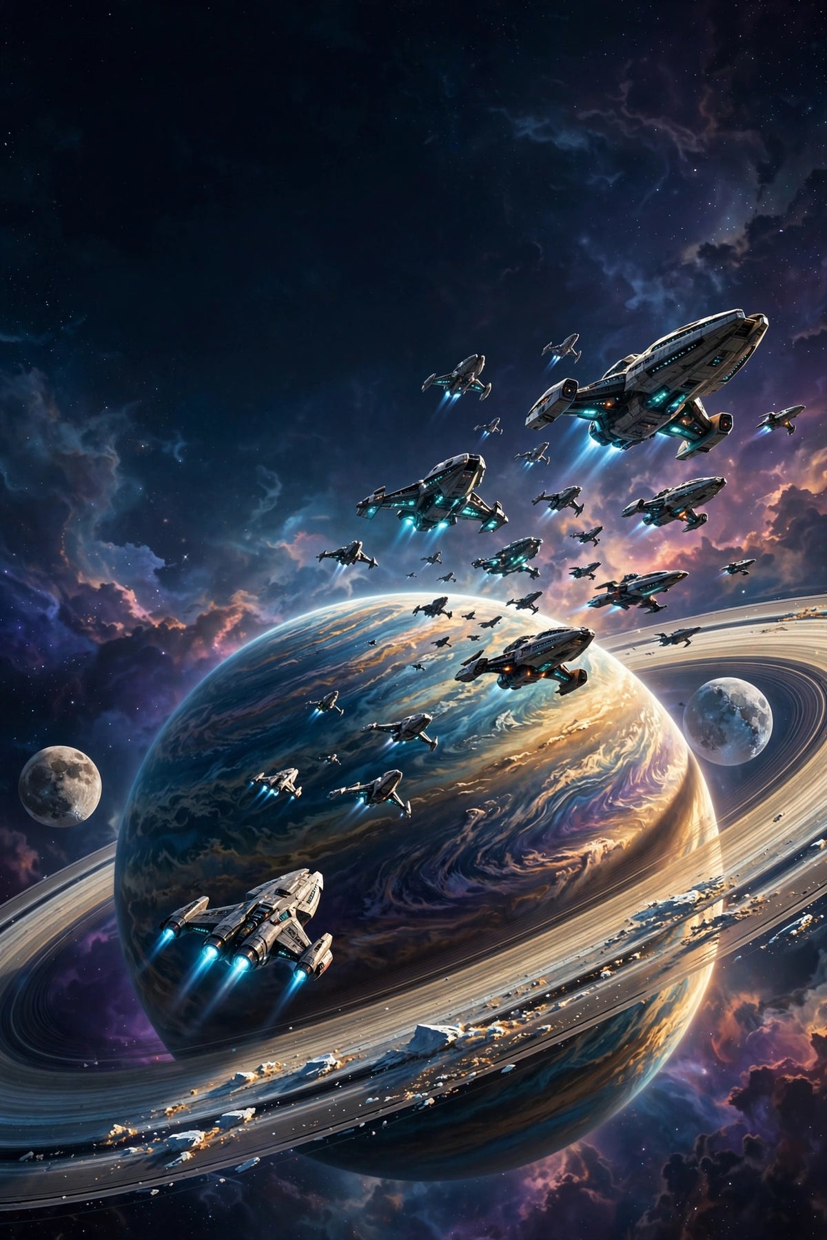 Space opera poster, fleet over a ringed planet