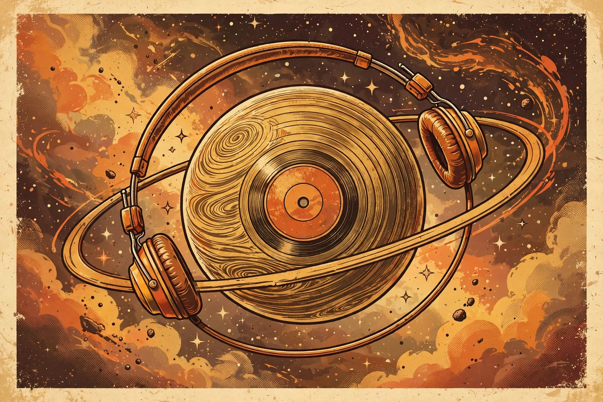 Vinyl record as a planet with orbiting headphones