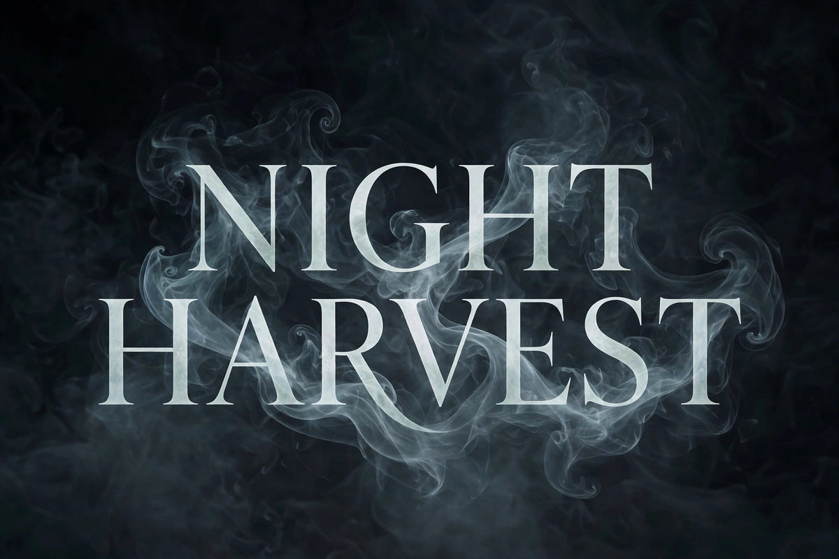 Horror title treatment NIGHT HARVEST, foggy serif