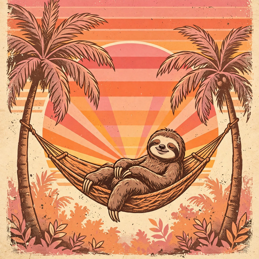 Chill sloth in a hammock under a retro sunset