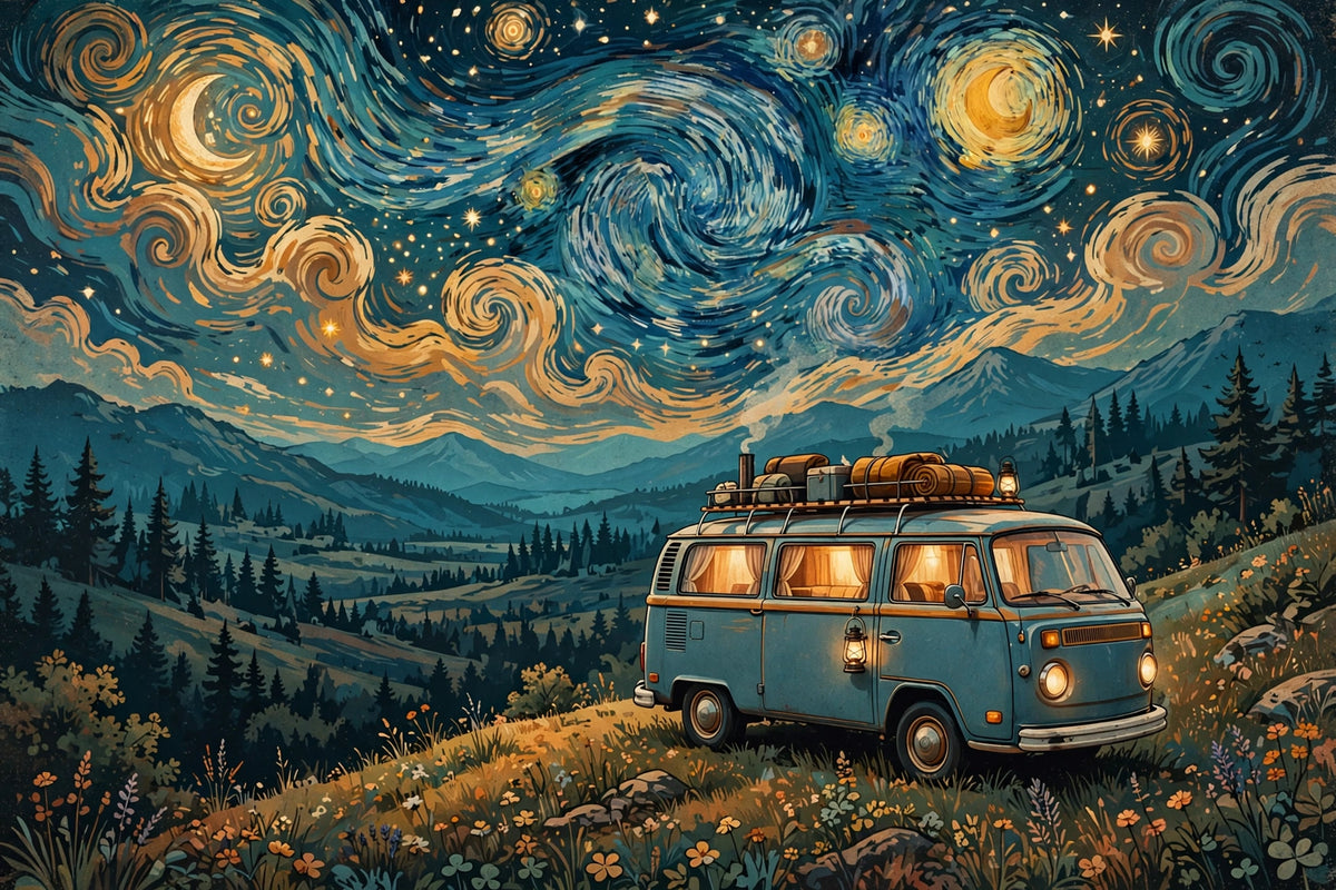 Retro van under a swirling starry sky, warm tones