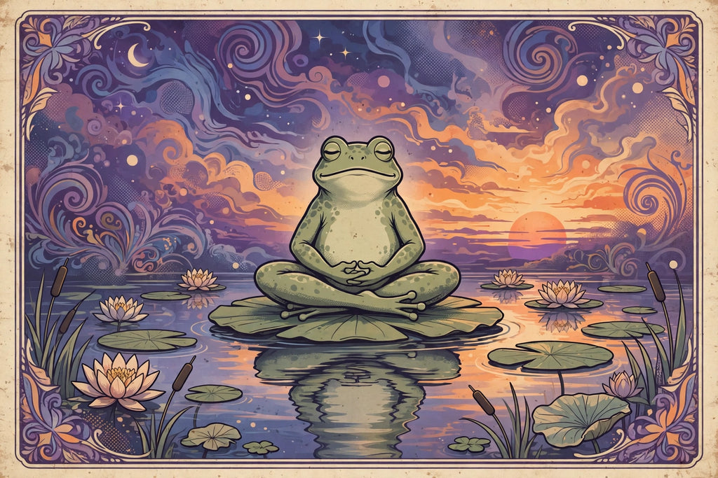 Zen frog on a lily pad at dusk, dreamy