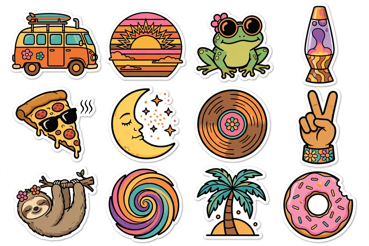 Retro chill sticker sheet — sample designs